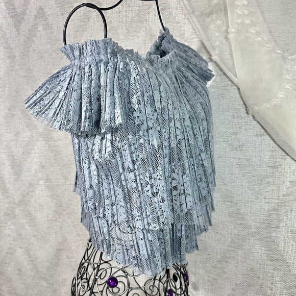 Zara pleated lace blue grey off shoulder blouse size S - Picture 6 of 8